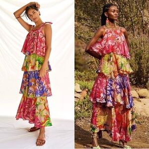 NWT ANTHROPOLOGIE X ROOPA PEMMARAJU Floral Square Neck Tier Ruffle Maxi Dress L